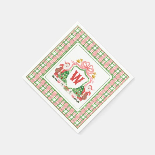 Waterverf Monogram Initiaal Plaid Santa Crest Servet (Hoek)