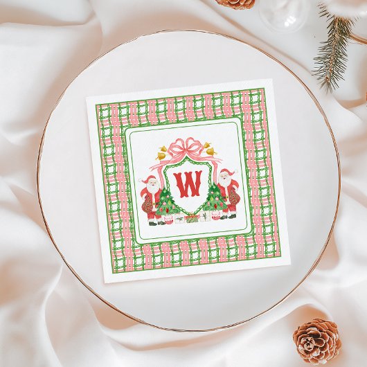 Waterverf Monogram Initiaal Plaid Santa Crest Servet