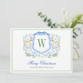 Waterverf Monogram Initiaal Rendier Crest Feestdagenkaart (Staand voorkant)