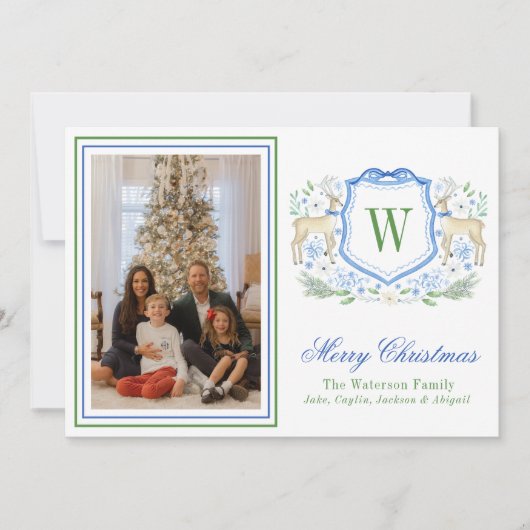 Waterverf Monogram Initiaal Rendier Crest Foto Feestdagenkaart (Voorkant)