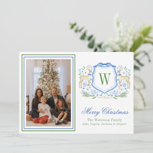 Waterverf Monogram Initiaal Rendier Crest Foto Feestdagenkaart (Staand voorkant)