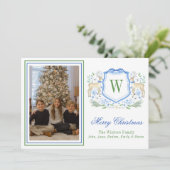 Waterverf Monogram Initiaal Rendier Crest Foto Feestdagenkaart (Staand voorkant)