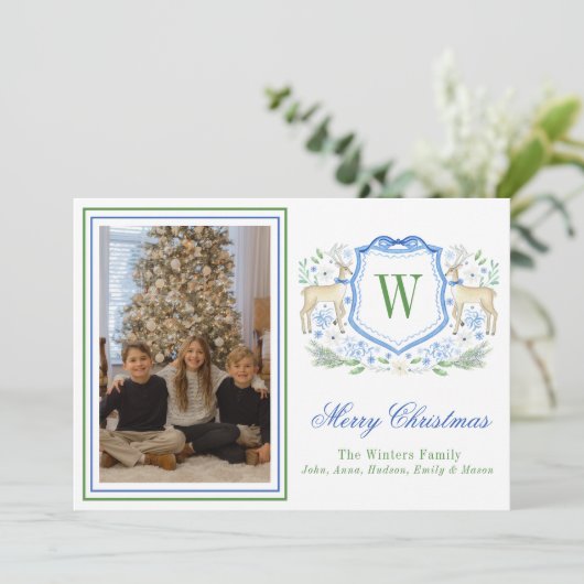 Waterverf Monogram Initiaal Rendier Crest Foto Feestdagenkaart (Staand voorkant)