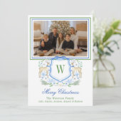 Waterverf Monogram Initiaal Rendier Crest Foto Feestdagenkaart (Staand voorkant)