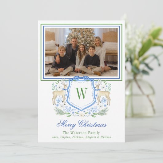 Waterverf Monogram Initiaal Rendier Crest Foto Feestdagenkaart (Staand voorkant)