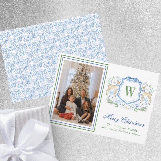 Waterverf Monogram Initiaal Rendier Crest Foto Feestdagenkaart