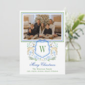 Waterverf Monogram Initiaal Rendier Crest Foto Feestdagenkaart (Staand voorkant)
