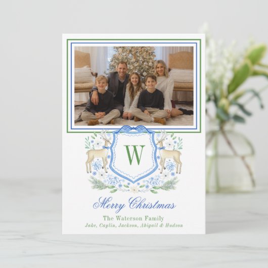 Waterverf Monogram Initiaal Rendier Crest Foto Feestdagenkaart (Staand voorkant)