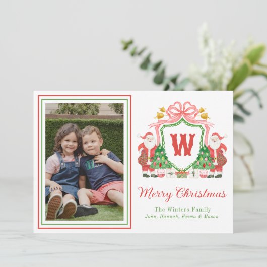 Waterverf Monogram Initiaal Santa Crest Foto Feestdagenkaart (Staand voorkant)