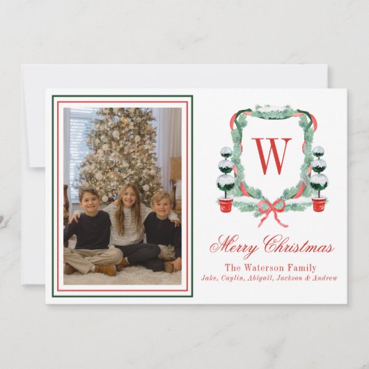Waterverf Monogram Kerst Topiary Crest Foto Feestdagenkaart (Voorkant)