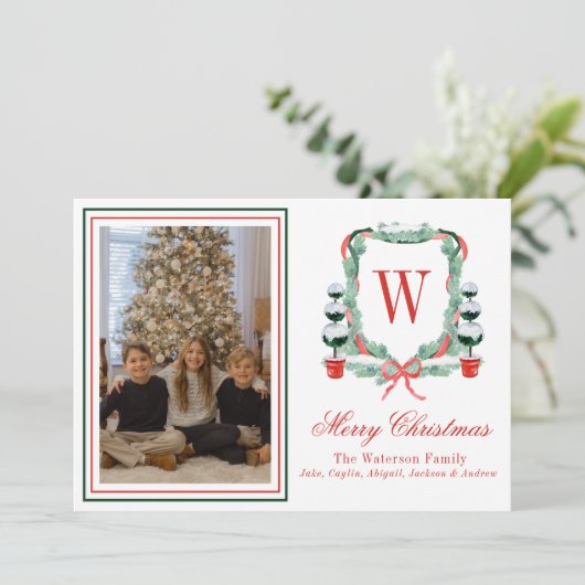 Waterverf Monogram Kerst Topiary Crest Foto Feestdagenkaart (Staand voorkant)