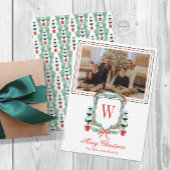 Waterverf Monogram Kerst Topiary Crest Foto Feestdagenkaart