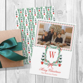 Waterverf Monogram Kerst Topiary Crest Foto Feestdagenkaart
