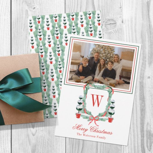 Waterverf Monogram Kerst Topiary Crest Foto Feestdagenkaart
