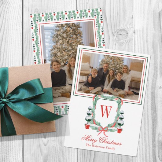 Waterverf Monogram Kerst Topiary Crest Foto Feestdagenkaart