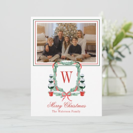 Waterverf Monogram Kerst Topiary Crest Foto Feestdagenkaart (Staand voorkant)