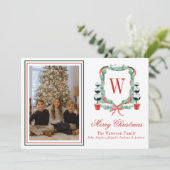 Waterverf Monogram Kerst Topiary Crest Foto Feestdagenkaart (Staand voorkant)