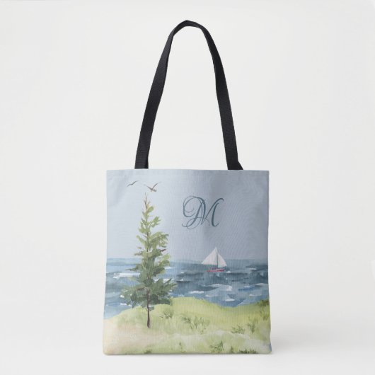 Waterverf Monogram kuststrand zandboot Tote Bag (Voorkant)