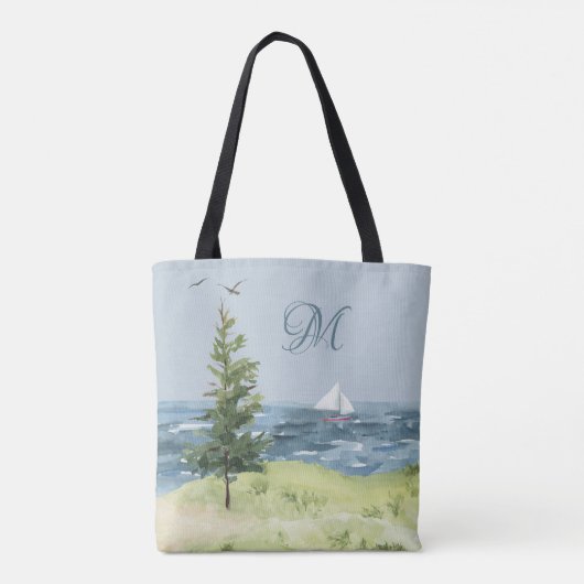 Waterverf Monogram kuststrand zandboot Tote Bag (Achterkant)