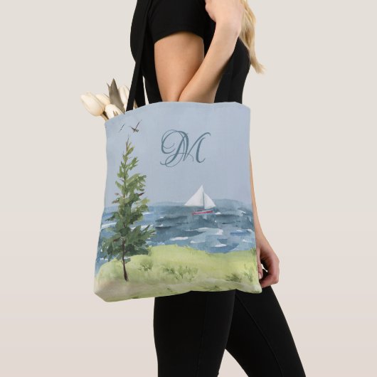 Waterverf Monogram kuststrand zandboot Tote Bag (Dichtbij)