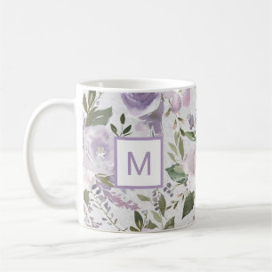 Waterverf monogram lavender Paarse Floral Rozen Koffiemok