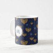 Waterverf Monogram Marine Blauw + Chanoeka Patroon Koffiemok (Voorkant links)