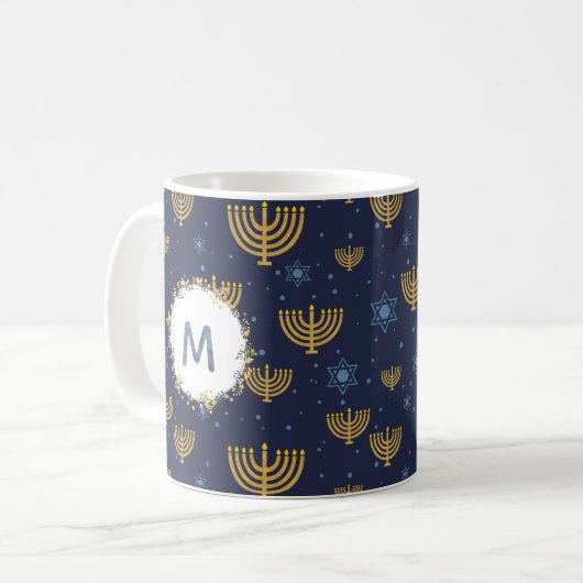 Waterverf Monogram Marine Blauw + Chanoeka Patroon Koffiemok (Voorkant links)