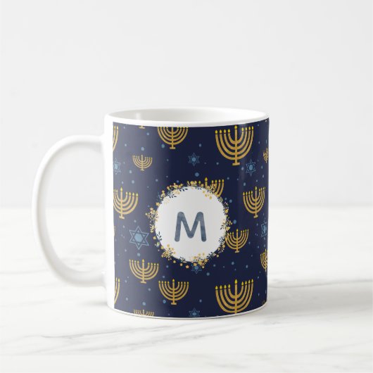 Waterverf Monogram Marine Blauw + Chanoeka Patroon Koffiemok (Links)