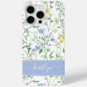 Waterverf Monogram met Blauwe Wilde Bloem iPhone 15 Pro Max Hoesje
