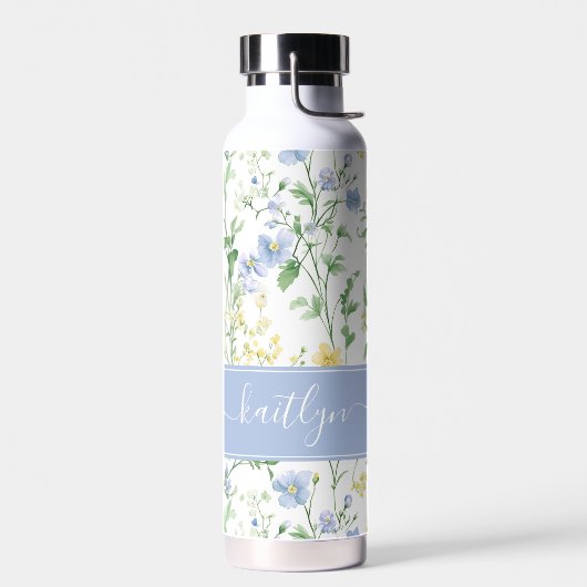 Waterverf Monogram met Blauwe Wilde Bloem Waterfles (Links)