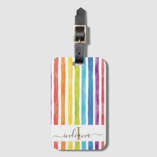 Waterverf Monogram Naam Regenboog Strepen Bagagelabel (Voorkant (verticaal))