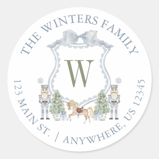 Waterverf Monogram Notenkraker Crest Adres Ronde Sticker (Voorkant)