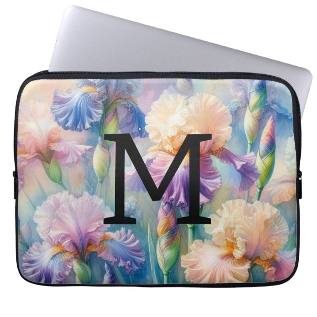 Waterverf monogram paarse iris bloemen laptop sleeve (Voorkant)