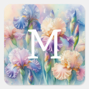 Waterverf monogram paarse iris bloemen met bloemmo vierkante sticker