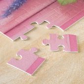 Waterverf monogram pastelkleuren op roze hout legpuzzel (Zijkant)