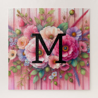 Waterverf monogram pastelkleuren op roze hout legpuzzel