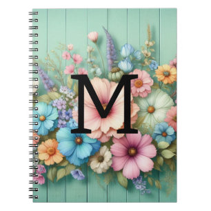 Waterverf monogram pastelkleurige bloemen op turqu notitieboek