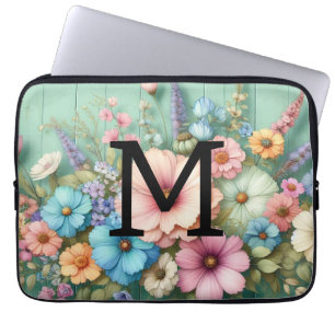 Waterverf monogram pastelkrijt op blauwgroen hout laptop sleeve