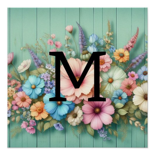 Waterverf monogram pastelkrijt op blauwgroen hout perfect poster (Voorkant)