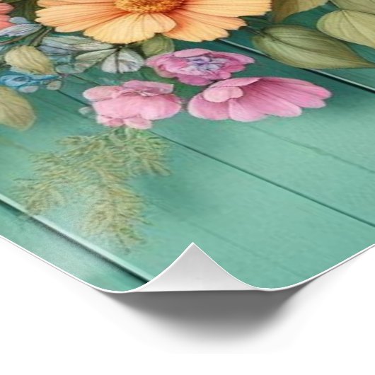 Waterverf monogram pastelkrijt op blauwgroen hout perfect poster (Hoek)