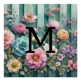 Waterverf monogram pastelkrijt op blauwgroen hout perfect poster
