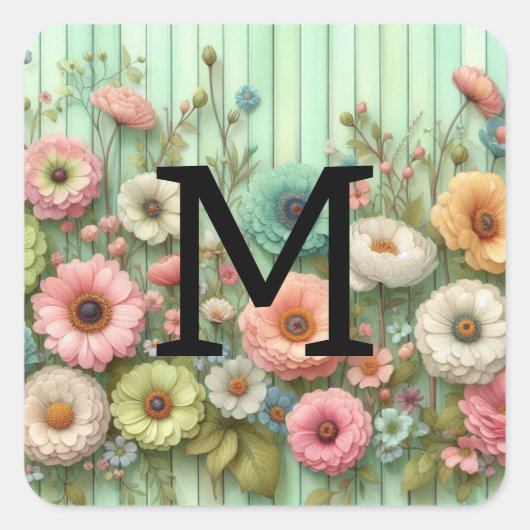 Waterverf monogram pastelkrijt op groen hout vierkante sticker (Voorkant)