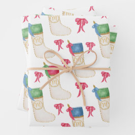 Waterverf Monogram Personaliseer Kerstmis kous Inpakpapier Vel