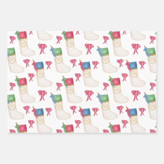 Waterverf Monogram Personaliseer Kerstmis kous Inpakpapier Vel (Voorkant)