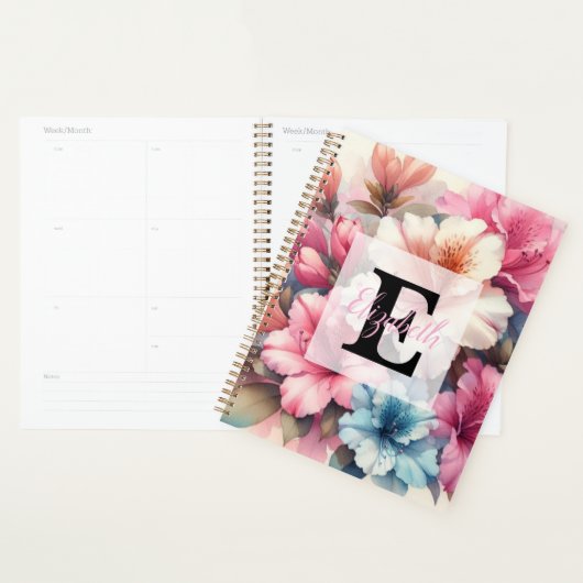Waterverf monogram roze blauwe azalea's planner (Display)