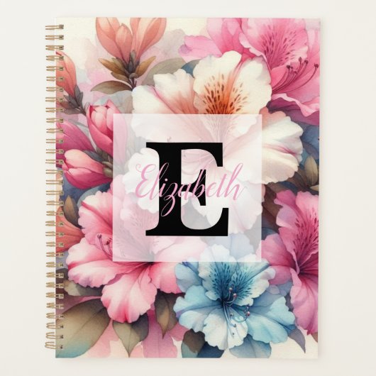 Waterverf monogram roze blauwe azalea's planner (Voorkant)