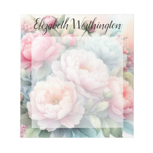 Waterverf monogram roze blauwe pioenrozen notitieblok (Voorkant)