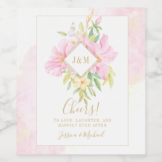 Waterverf Monogram Roze Floral Wedding Logo Wijn Etiket (Enkel label)