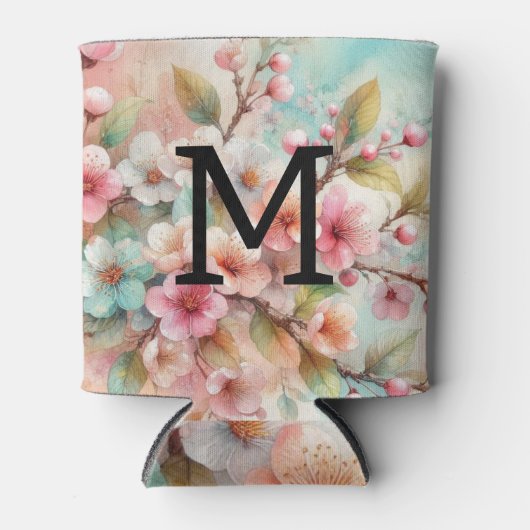 Waterverf monogram roze kersenbloesem blikjeskoeler (Voorkant)