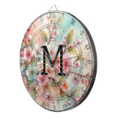 Waterverf monogram roze kersenbloesem  dartbord (Voorkant Rechts)